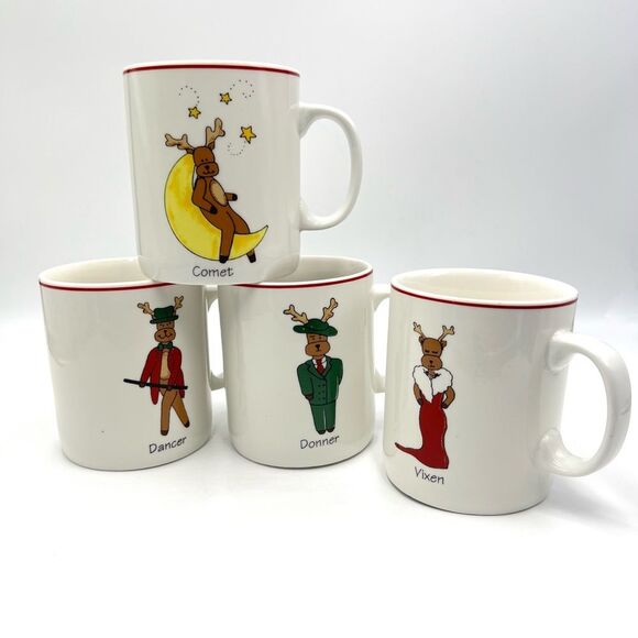4 Christmas REINDEER MUGS Whimsical Holiday Cups LTD Commodities White Ceramic - Picture 1 of 7